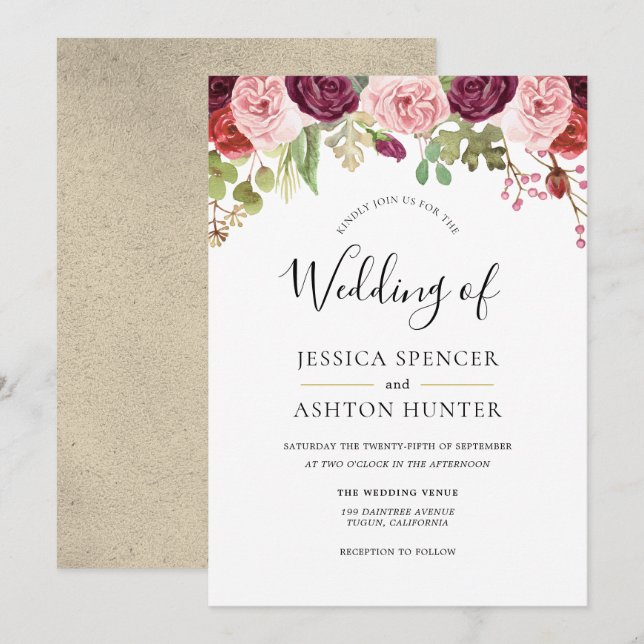 Burgundy Blush & Gold Floral Wedding Invite (Front/Back)