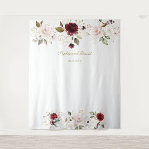 Burgundy Blush Gold Floral Wedding Photo Booth Tapestry