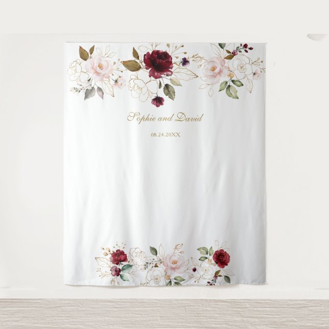 Burgundy Blush Gold Floral Wedding Photo Booth Tapestry (Front)