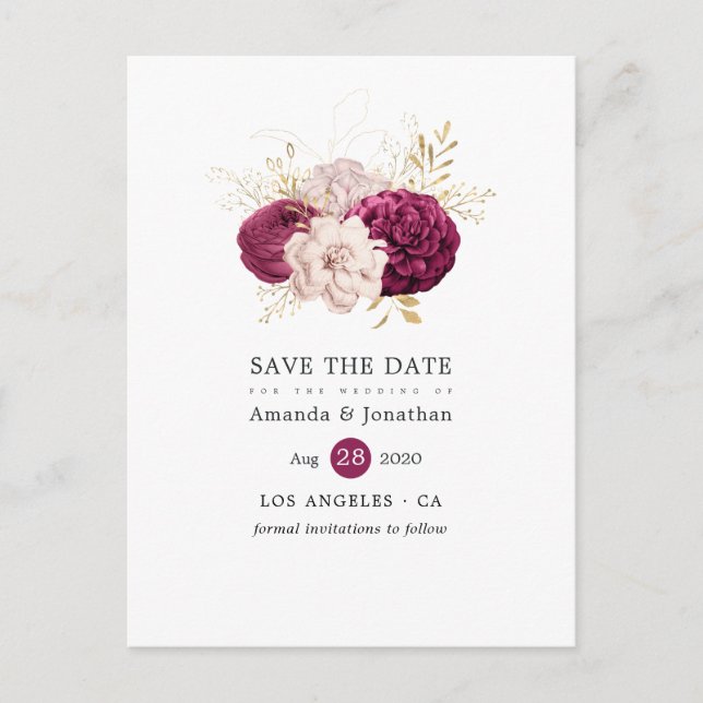 Burgundy Blush & Gold Floral Wedding Save the Date Announcement Postcard (Front)