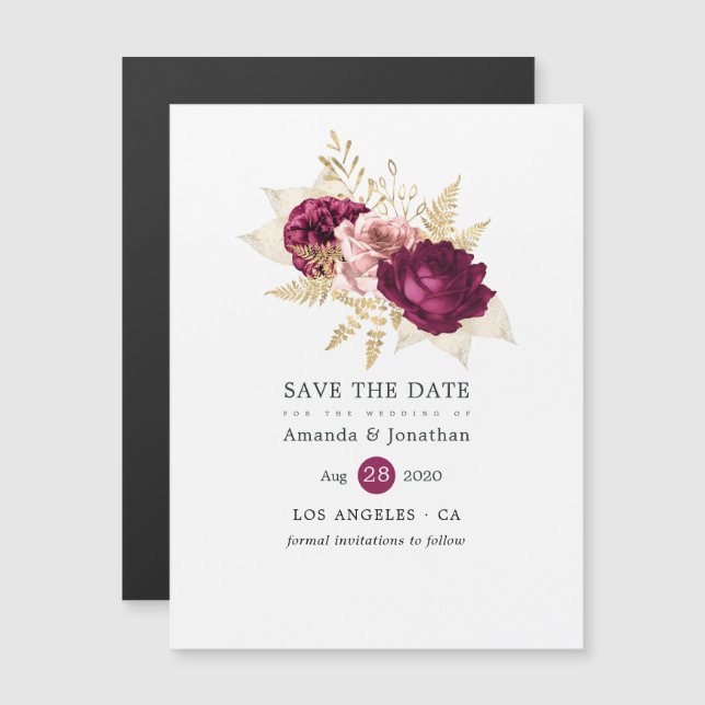 Burgundy Blush & Gold Floral Wedding Save the Date Magnetic Invitation (Front/Back)