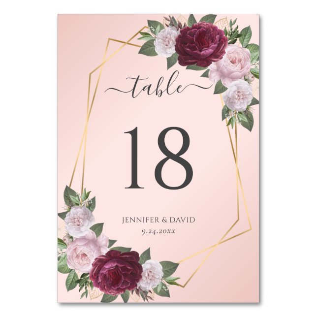 Burgundy Blush Gold Floral Wedding Table Number (Front)