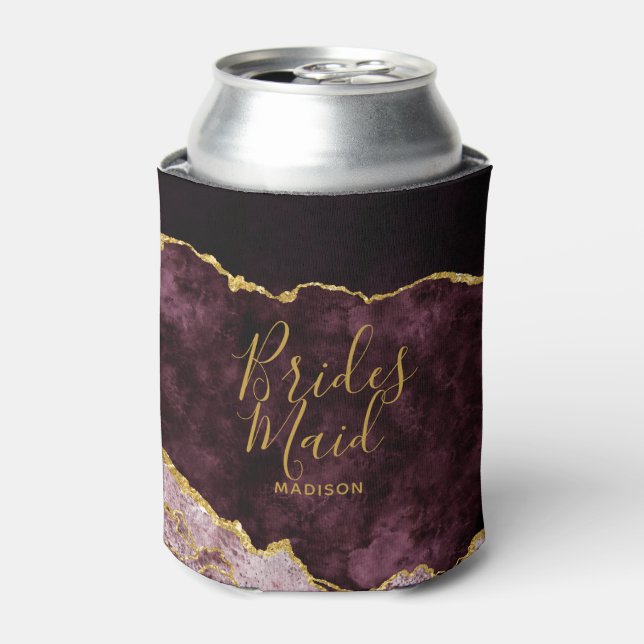 Burgundy Blush Gold Foil Agate Marble Bridesmaid Can Cooler (Can Front)