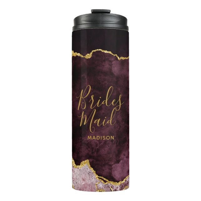 Burgundy Blush Gold Foil Agate Marble Bridesmaid Thermal Tumbler (Front)