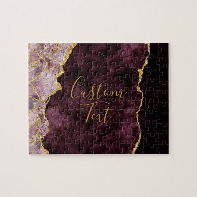 Burgundy Blush Gold Foil Agate Marble Custom Text Jigsaw Puzzle (Horizontal)