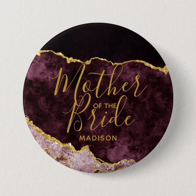 Burgundy Blush Gold Foil Agate Mother of the Bride 7.5 Cm Round Badge (Front)
