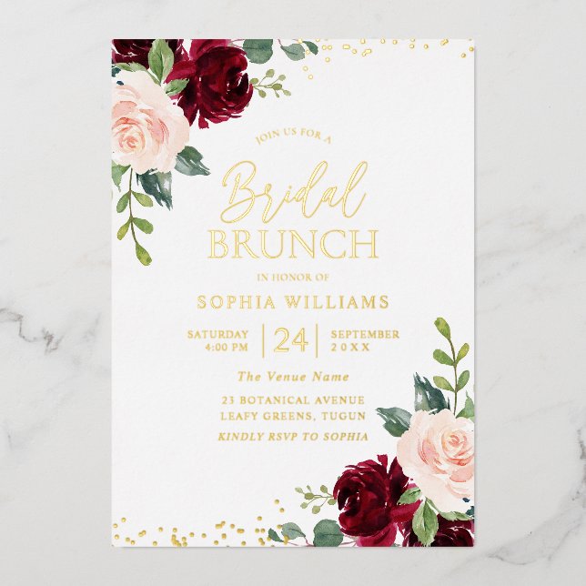 Burgundy & Blush Gold Foil Bridal Shower Brunch (Front)