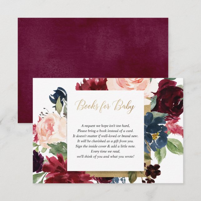 Burgundy blush gold girl baby shower book request  enclosure card (Front/Back)
