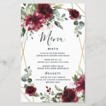 Burgundy Blush Gold Greenery Wedding Menu Cards<br><div class="desc">Design features a printed gold coloured geometric frame with floral elements in shades of burgundy,  red and blush over greenery,  eucalyptus and flower blooms. Design also features an easy to use typography layout.</div>