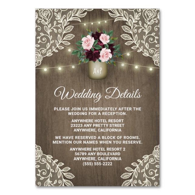 Burgundy Blush Gold Mason Jar Wedding Insert Cards (Front)