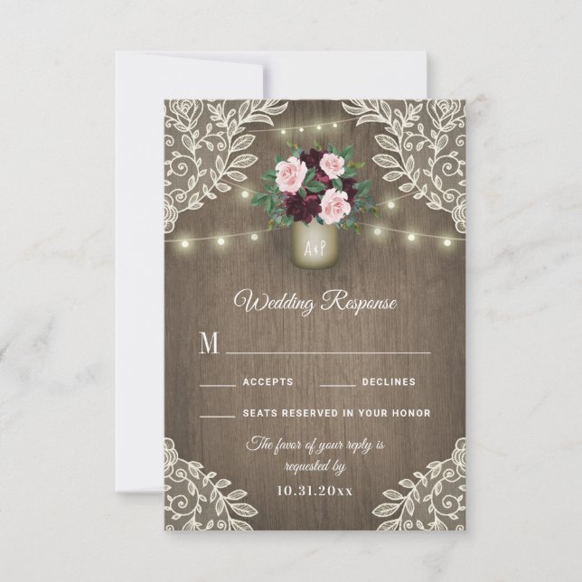 Burgundy Blush Gold Mason Jar Wedding RSVP Cards (Front)