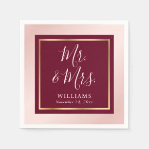 Burgundy Blush Gold Mr and Mrs Wedding Napkin