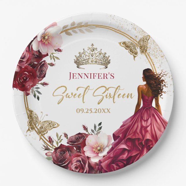 Burgundy Blush Gold Princess Floral Sweet 16 Paper Plate (Front)