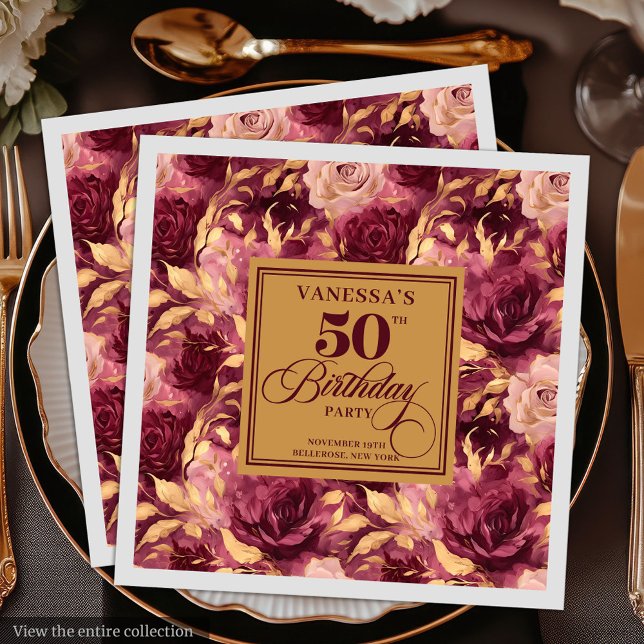 Burgundy blush gold roses 50th birthday party  napkin (Elegant Burgundy Blush Gold Floral 50th Birthday Napkins)