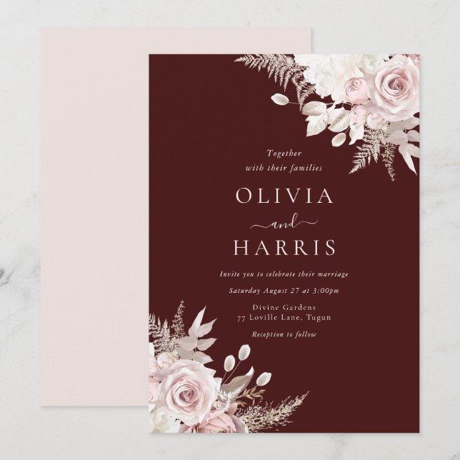 Burgundy Blush & Ivory Elegant Floral Wedding Invitation (Front/Back)