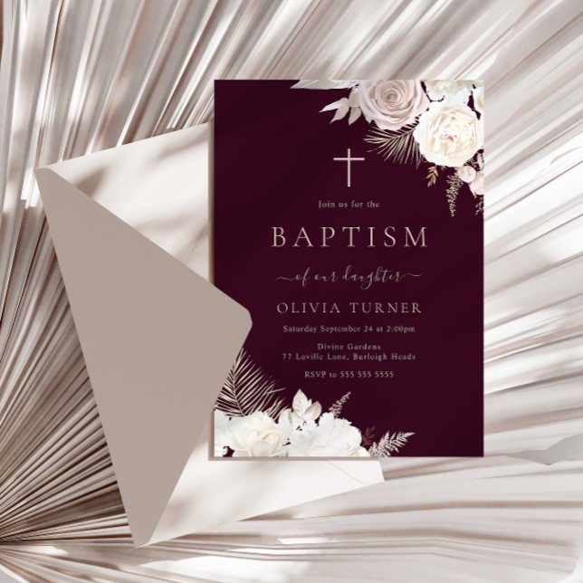 Burgundy, Blush & Ivory Floral Baptism Invitation (Creator Uploaded)
