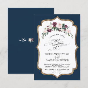 Burgundy Blush Ivory Floral Bloom Gold Wedding Invitation