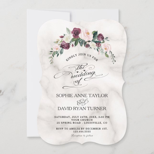 Burgundy Blush Ivory Floral Bloom Marble Wedding Invitation (Front)