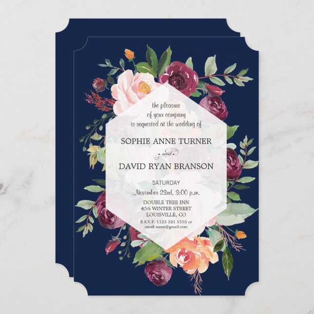 Burgundy Blush Ivory Floral Dark Blue Wedding Invitation (Front/Back)