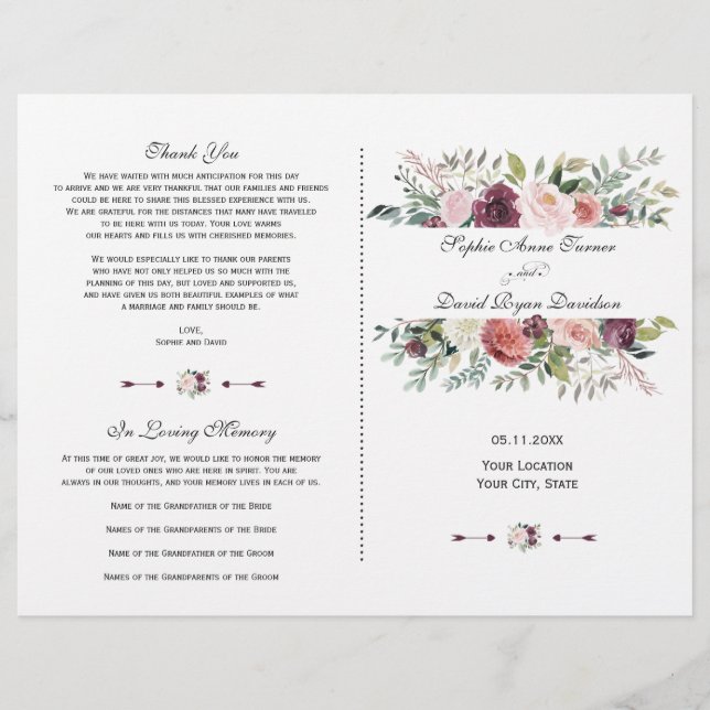 Burgundy Blush Ivory Floral Frame Wedding Program (Front)