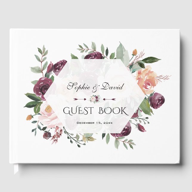 Burgundy Blush Ivory Floral Geometric Wedding Guest Book (Front)