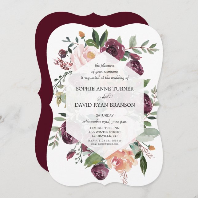 Burgundy Blush Ivory Floral Geometric Wedding Invitation (Front/Back)