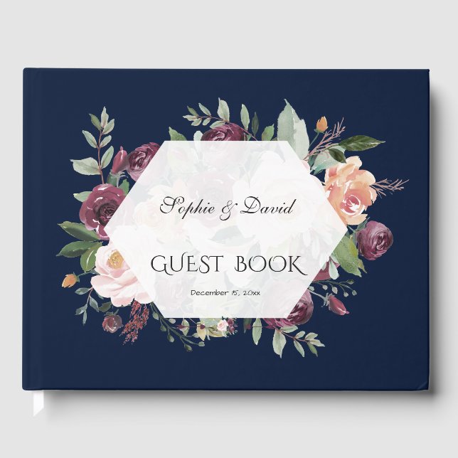 Burgundy Blush Ivory Floral Navy Blue Wedding Guest Book (Front)