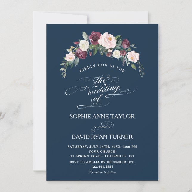 Burgundy Blush Ivory Floral Navy Blue Wedding Invitation (Front)