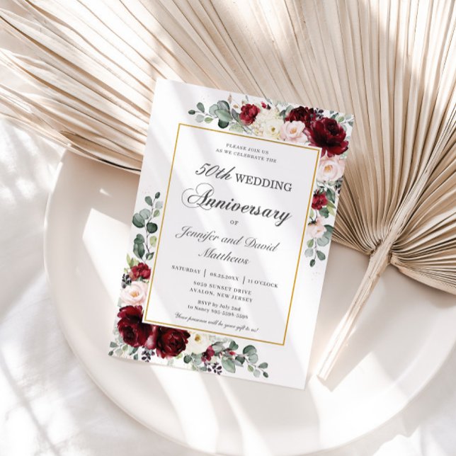 Burgundy Blush Ivory Floral Wedding Anniversary Invitation (Creator Uploaded)