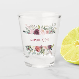 Burgundy Blush Ivory Flowers Frame Monogram Shot Glass
