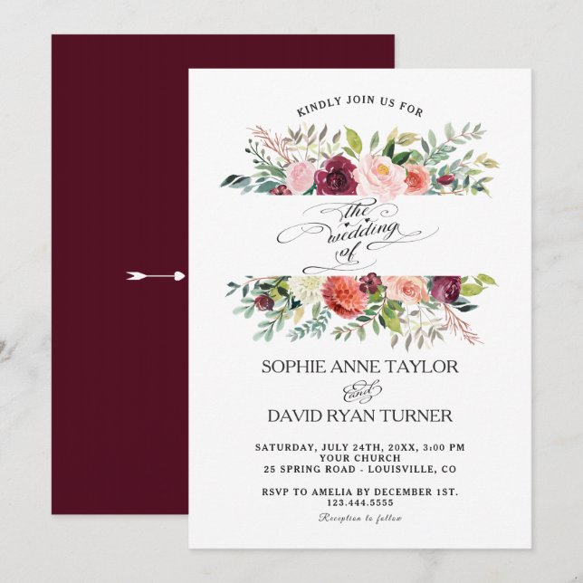 Burgundy Blush Ivory Flowers Frame Wedding Invitation (Front/Back)
