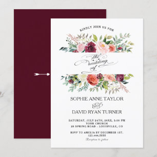 Burgundy Blush Ivory Flowers Frame Wedding Invitation
