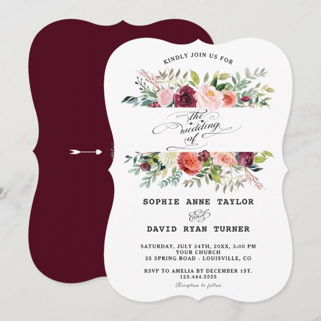 Burgundy Blush Ivory Flowers Frame Wedding Invitation (Front/Back)