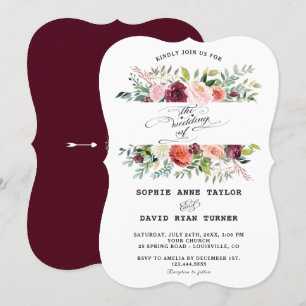 Burgundy Blush Ivory Flowers Frame Wedding Invitation