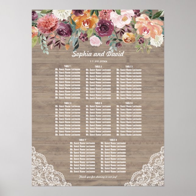 Burgundy Blush Ivory Lace Wood Seating Chart (Front)
