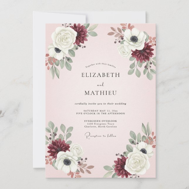 Burgundy Blush Leafy Wedding Invitation (Front)