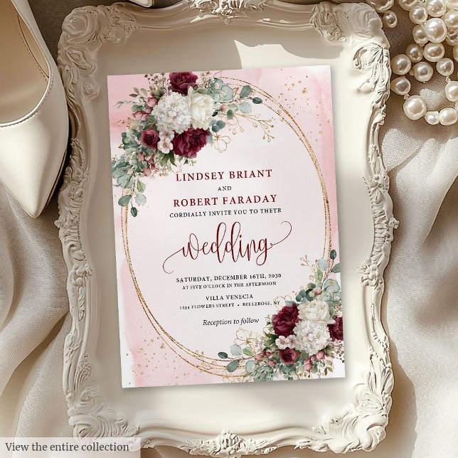 Burgundy Blush Maroon Rose Wedding Invitation  (Boho Burgundy Blush Wedding Invitation with Roses)