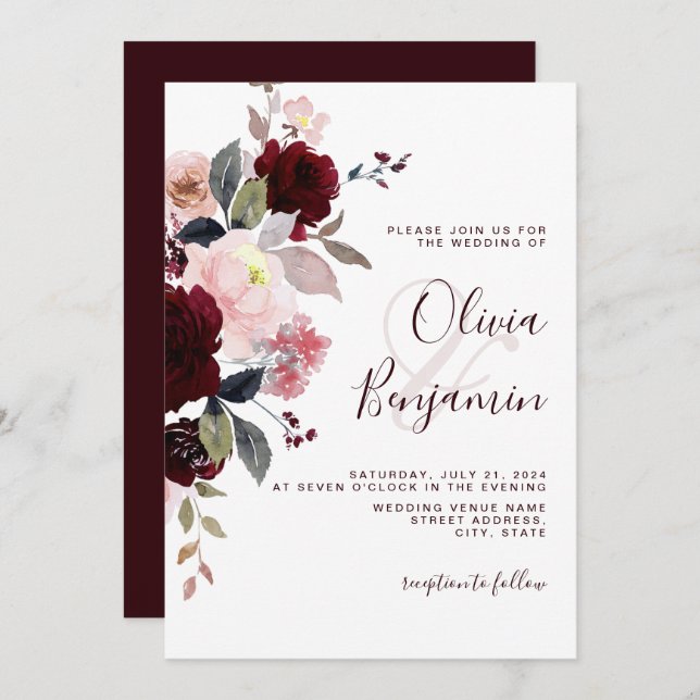 Burgundy Blush Marsala Elegant Floral Wedding Invitation (Front/Back)