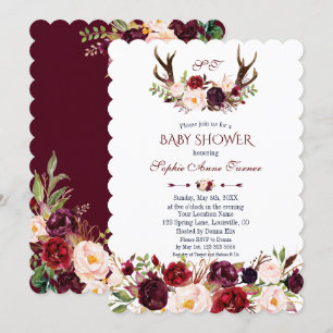 Burgundy Blush Marsala Floral Antlers Baby Shower Invitation