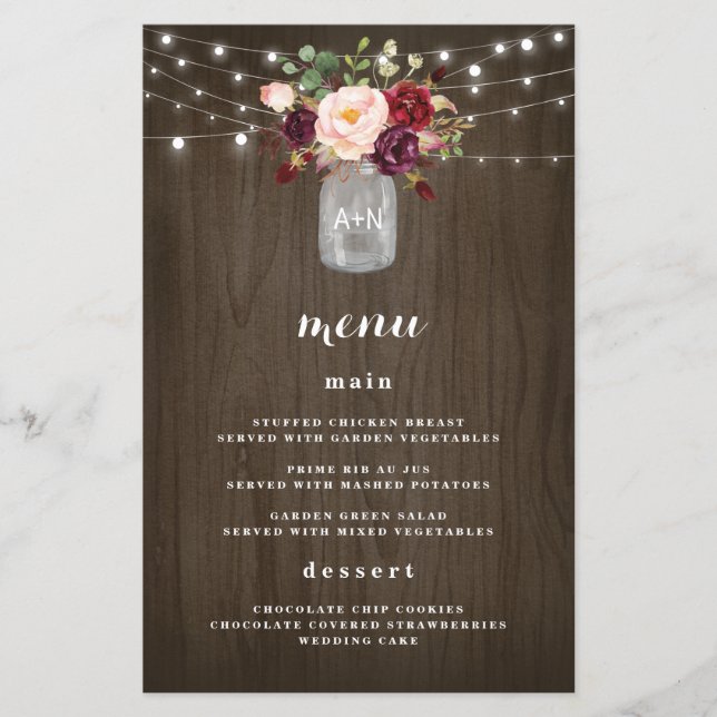Burgundy Blush Mason Jar Rustic Wedding Menu Cards (Front)