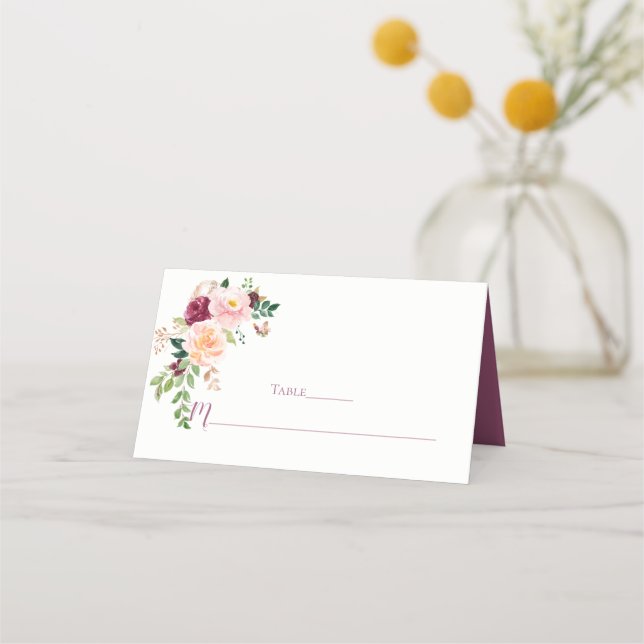 Burgundy Blush Mauve Floral Bouquet Place Cards (Front)