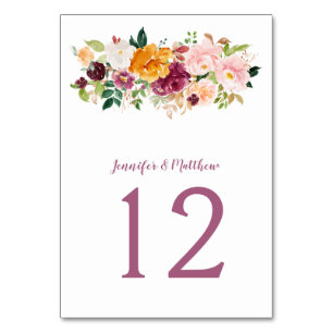 Burgundy Blush Mauve Saffron Floral Bouquet Table Number