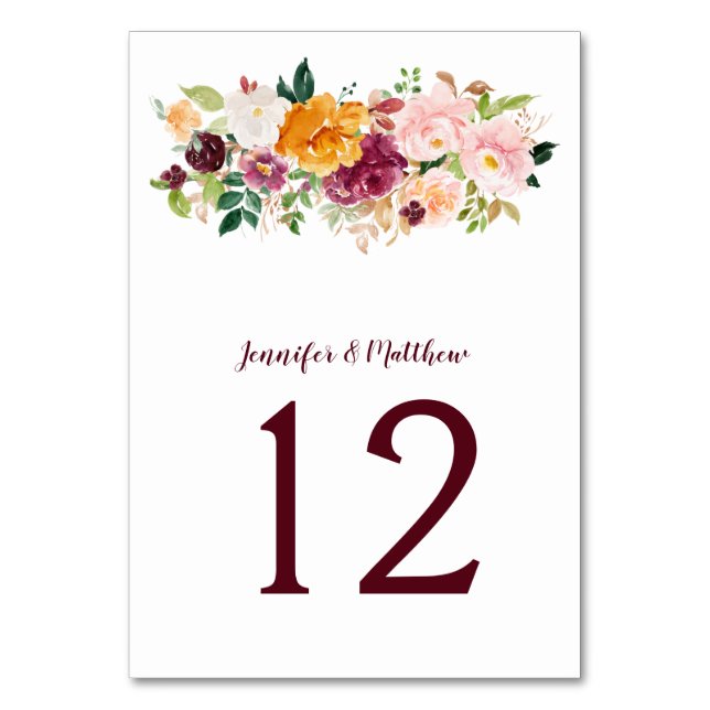 Burgundy Blush Mauve Saffron Floral Bouquet Table Number (Front)