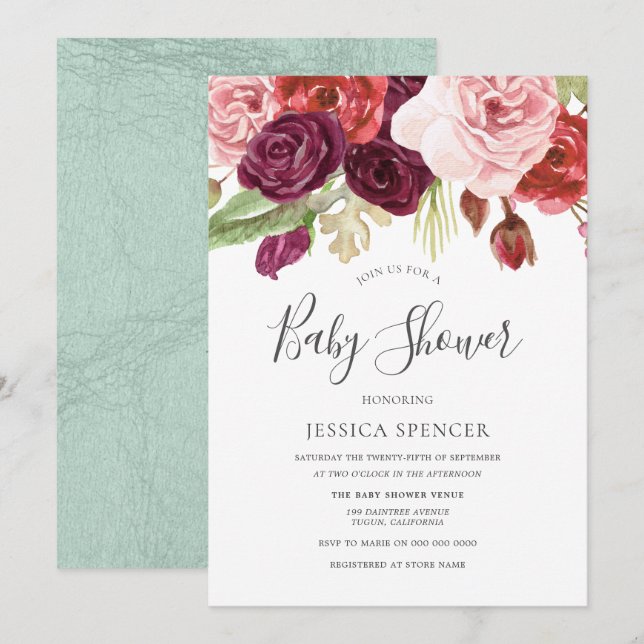 Burgundy Blush & Mint Floral Baby Shower Invite (Front/Back)