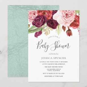 Burgundy Blush & Mint Floral Baby Shower Invite