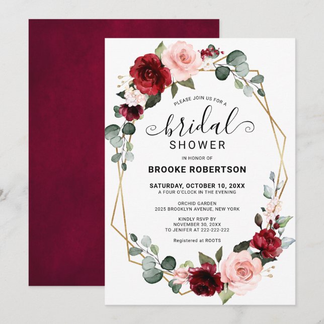 Burgundy Blush Modern Geometric Bridal Shower Invitation (Front/Back)