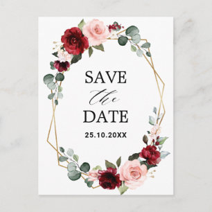 Burgundy Blush Modern Geometric Save the Date Postcard