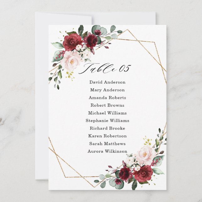 Burgundy Blush Modern Geometric Seating Chart card (Front)