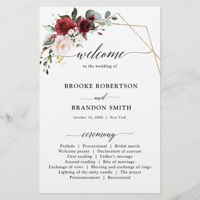 Burgundy Blush Modern Geometric Wedding Program (Front)