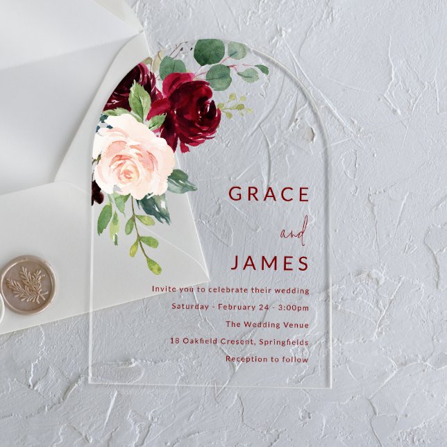 Burgundy & Blush Modern Wedding Arch Acrylic Invitations (Creator Uploaded)